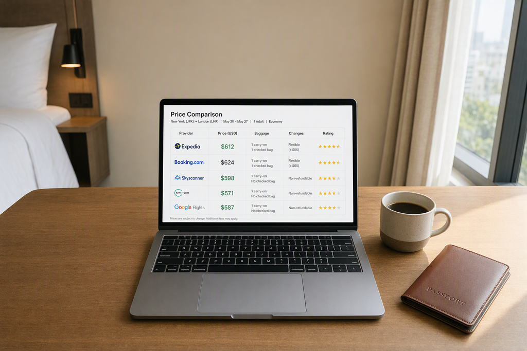 An overhead view of a traveler reviewing reservation pricing on a laptop in a hotel room