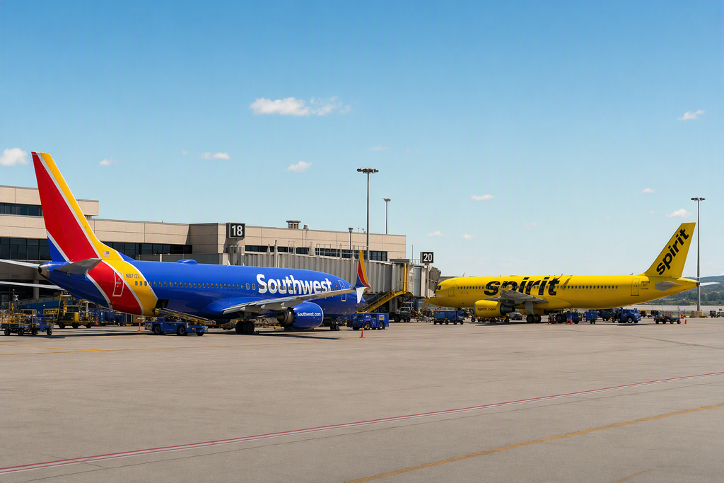 Commercial airplanes from Southwest Airlines and Spirit Airlines parked at airport gates
