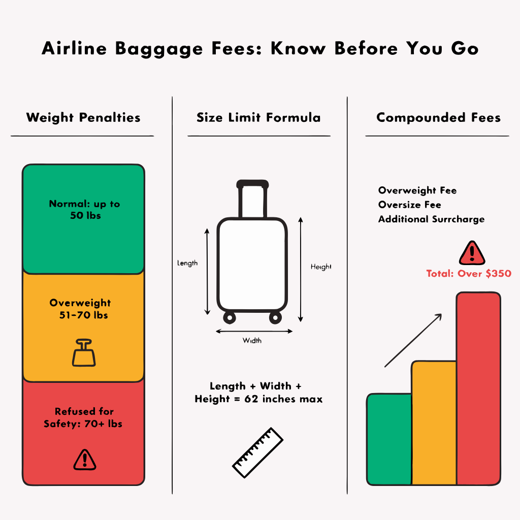Diagram detailing tiered overweight baggage fees, the 62 linear inch calculation for oversized luggage, and compounded penalty structures exceeding 350 dollars.