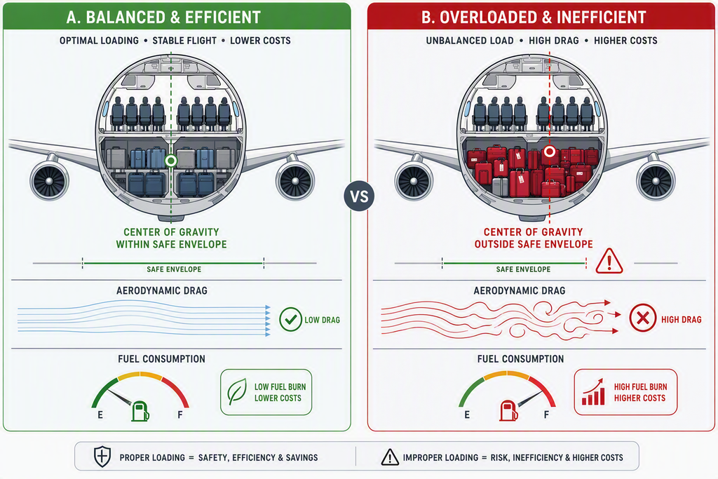 Infographic comparing aircraft fuel burn: an aerodynamically balanced airplane with optimal cargo versus an overloaded aircraft with an aft center of gravity and high fuel consumption.