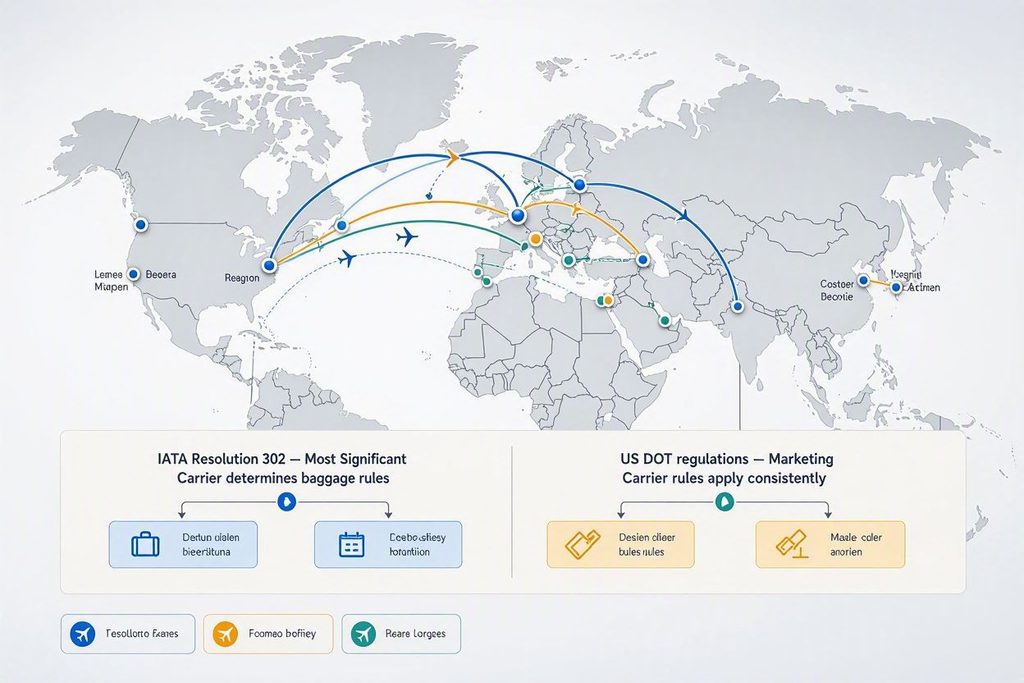 Infographic route map and flowchart explaining interline baggage rules, contrasting IATA Resolution 302 Most Significant Carrier rules with US DOT marketing carrier regulations.