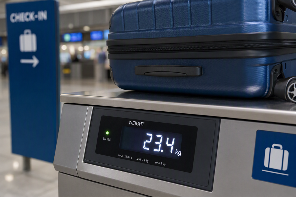 Luggage placed on an airport check in scale showing weight limits