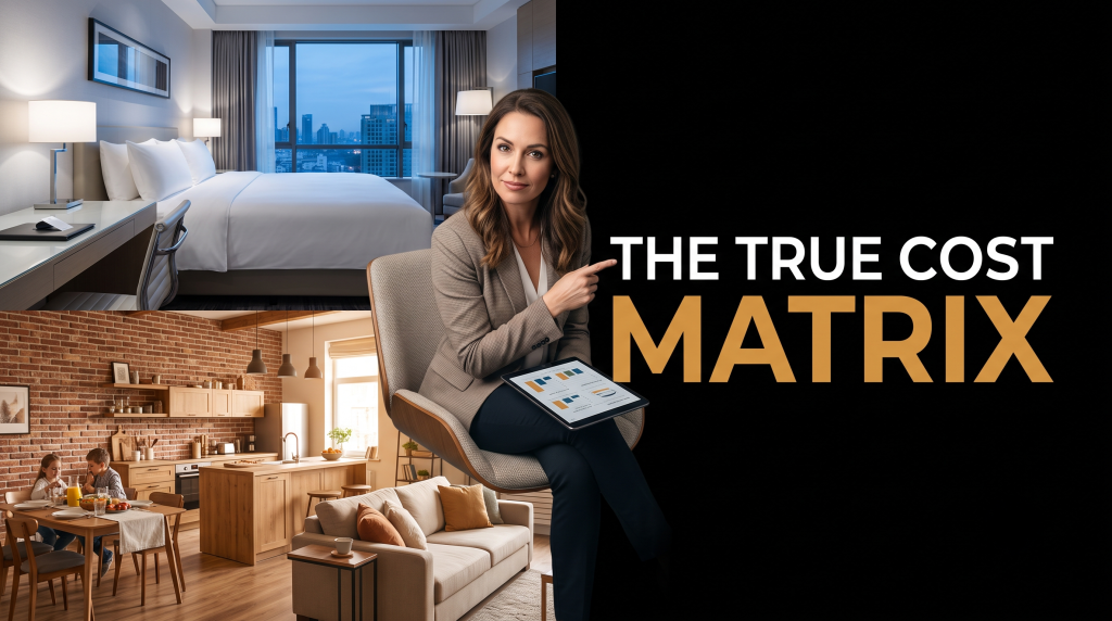 Split screen conceptual image contrasting a sleek modern hotel room with keycard access against a warm spacious vacation rental living room and kitchen