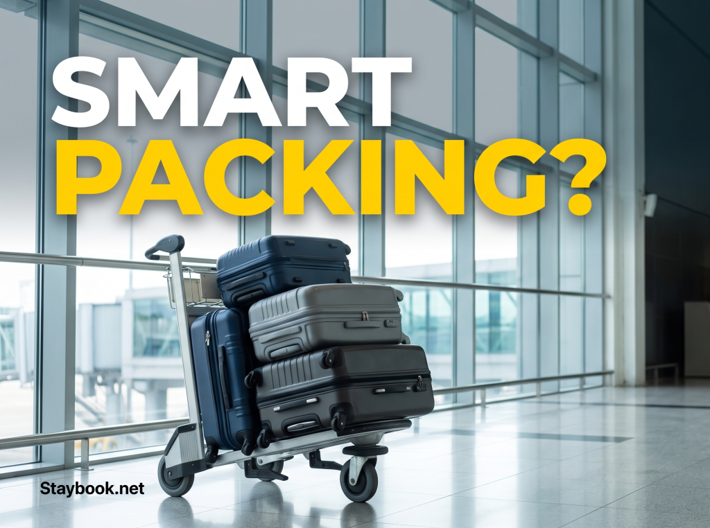 Suitcases stacked on a luggage cart in a modern airport terminal 1