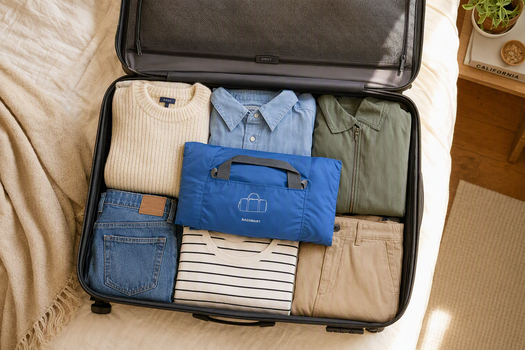 Traveler packing a lightweight duffel bag inside a suitcase