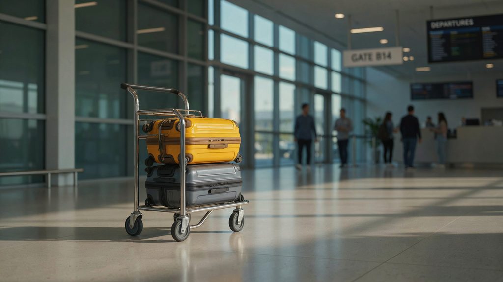 Yellow and grey suitcases stacked neatly on a luggage trolley in an airport terminal