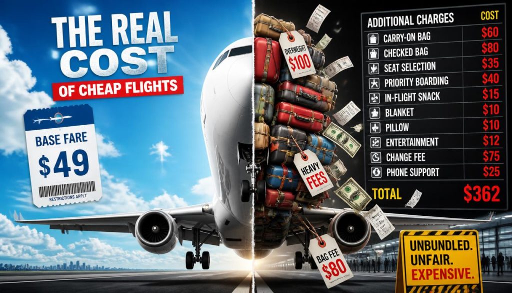 Conceptual illustration of airline baggage fees showing a commercial airplane split in half one side sleek with a cheap base fare ticket, and the other overloaded with heavy suitcases, extra fee receipts, and dollar bills.