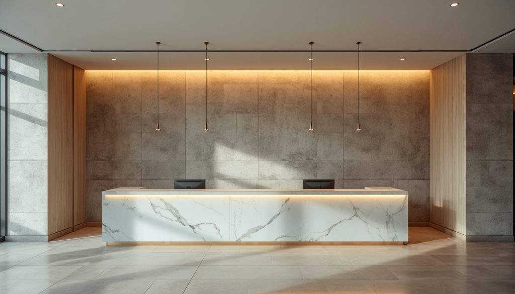 A high-angle, professional photograph of a modern hotel lobby reception desk, featuring a clean, minimalist aesthetic with warm natural lighting. The upper third of the image contains soft, out-of-focus negative space show