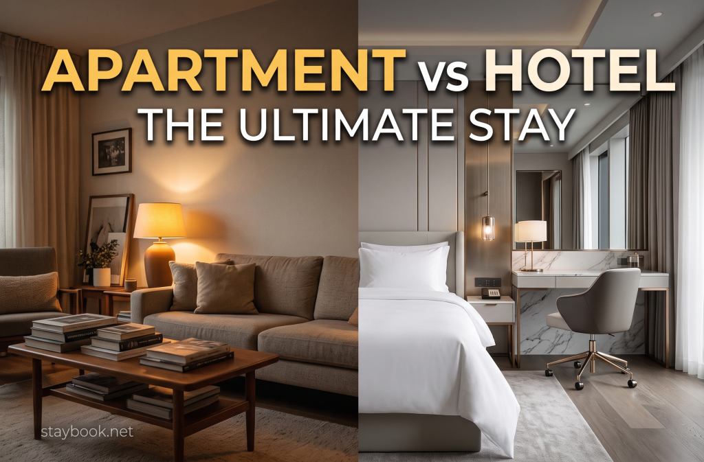 Extended Stay Hotel vs. Monthly Airbnb: Which Costs Less 2 An artistic split screen comparison between a cozy residential apartment living space and a clean modern corporate hotel suite